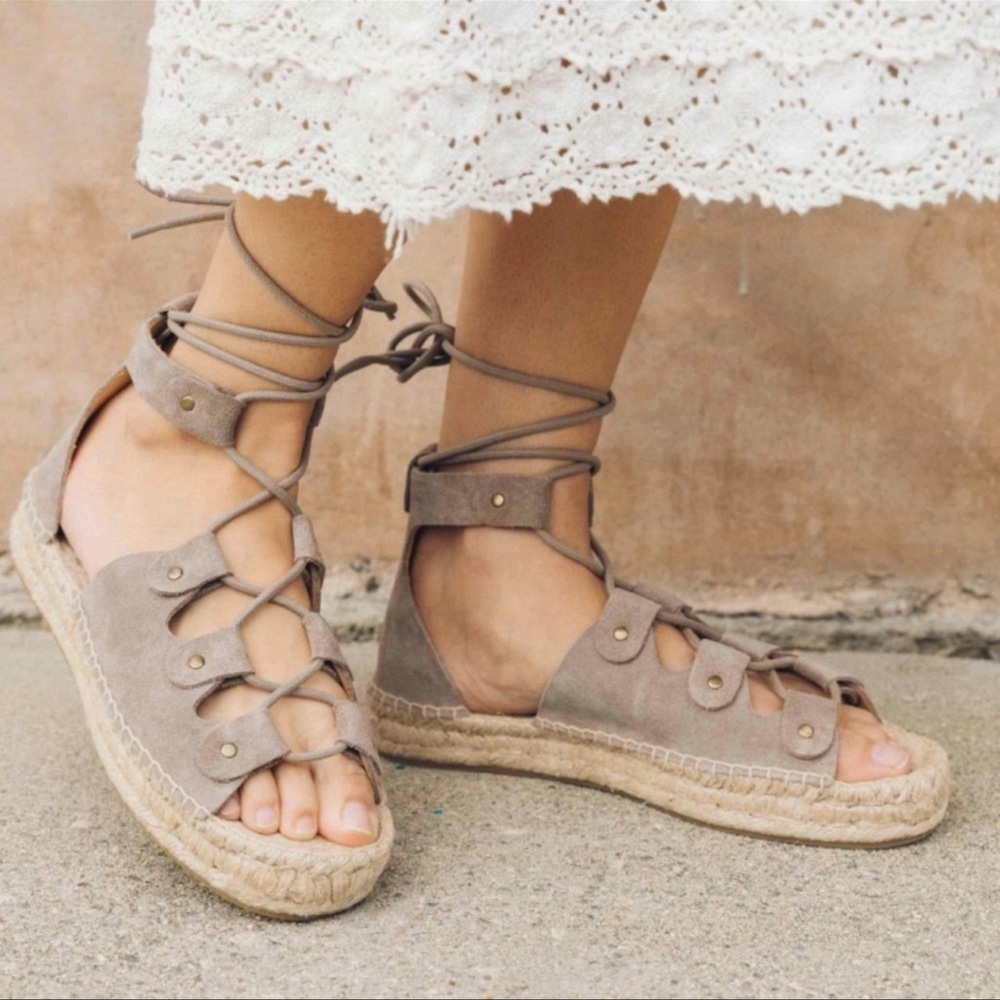 Soludos Ghillie Gray Tan Suede Boho Lace Up Espadrilles sz 10